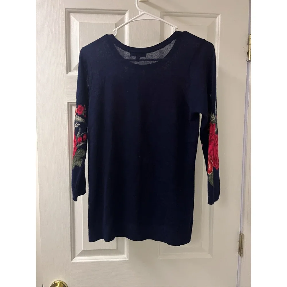 Emily Daniels Navy Blue Floral Rose Rhinestone 3/4 Sleeve Knit Sweater Small